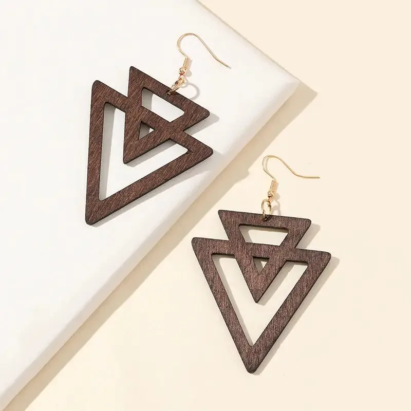 Boucles D’oreilles en Bois Double Triangle Inspirées par la Nature