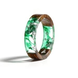 Bague en Bois et Résine Natural pour Femme élégante et Originale - 53.4 / Vert Foncé Argent