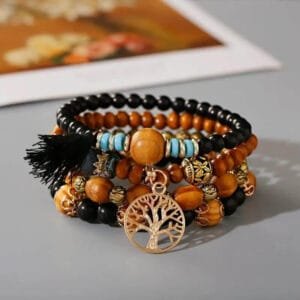 Bracelets en Perles de Bois avec Pendentif Arbre de Vie Noir