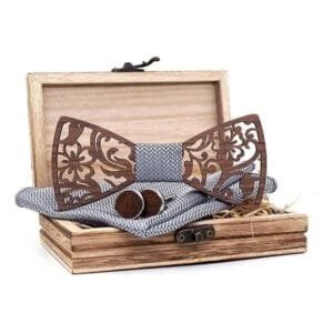 Coffret Noeud Papillon Bois avec Boutons de Manchette et Pochette Assortie