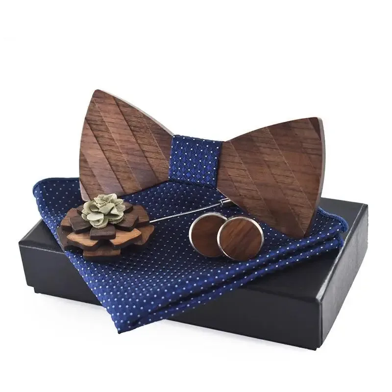 Coffret Noeud Papillon élégant avec Boutons de Manchettes et Pochette - Bleu Foncé