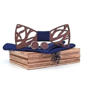 Coffret Noeud Papillon en Bois avec Boutons de Manchette et Pochette