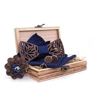 Coffret Noeud Papillon en Bois avec Boutons de Manchettes et Pochette