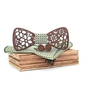 Coffret Noeud Papillon en Bois avec Boutons de Manchettes et Pochette 2 Coffret Noeud Papillon en Bois avec Boutons de Manchettes et Pochette