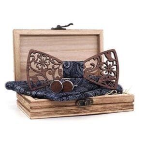Coffret Noeud Papillon en Bois avec Boutons de Manchettes et Pochette