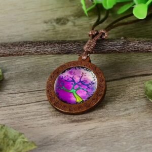Collier Bois Verre Purple Arbre de Vie Ajustable — Bijoux en Bois