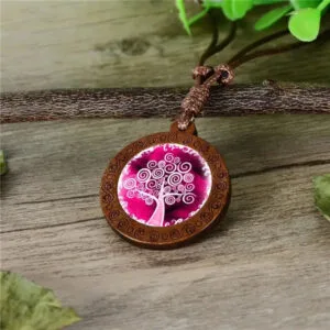 Collier Corde et Pendentif Bois Arbre de Vie Purple