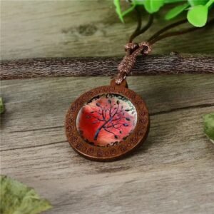 Collier Bois Verre Arbre de Vie Feu Ajustable — Bijoux en Bois
