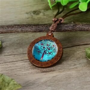 Collier Bois Corde Arbre de Vie Azur Verre — Bijoux en Bois