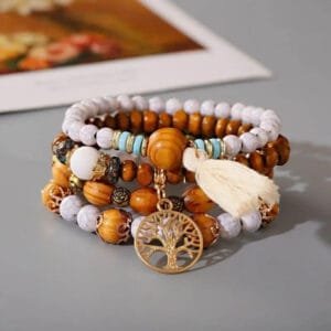 Ensemble de Bracelets en Bois avec Pendentif Arbre de Vie éternelle