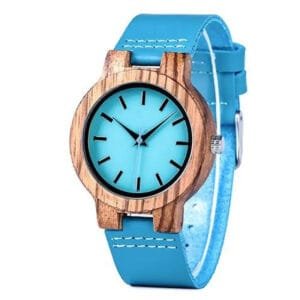 Montre en Bois Zébré avec Bracelet en Cuir Turquoise - Homme - 45 Mm