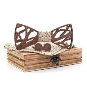 Noeud Papillon en Bois avec Boutons de Manchettes et Pochette Assortie