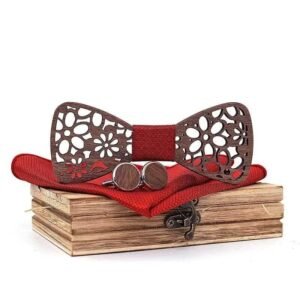 Nœud Papillon Bois Rouge Coffret Pochette Assortie — Bijoux en Bois