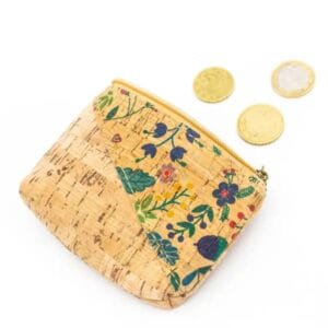 Porte Monnaie Vegan en Liège avec Fermeture éclair et Décoration Fleurie